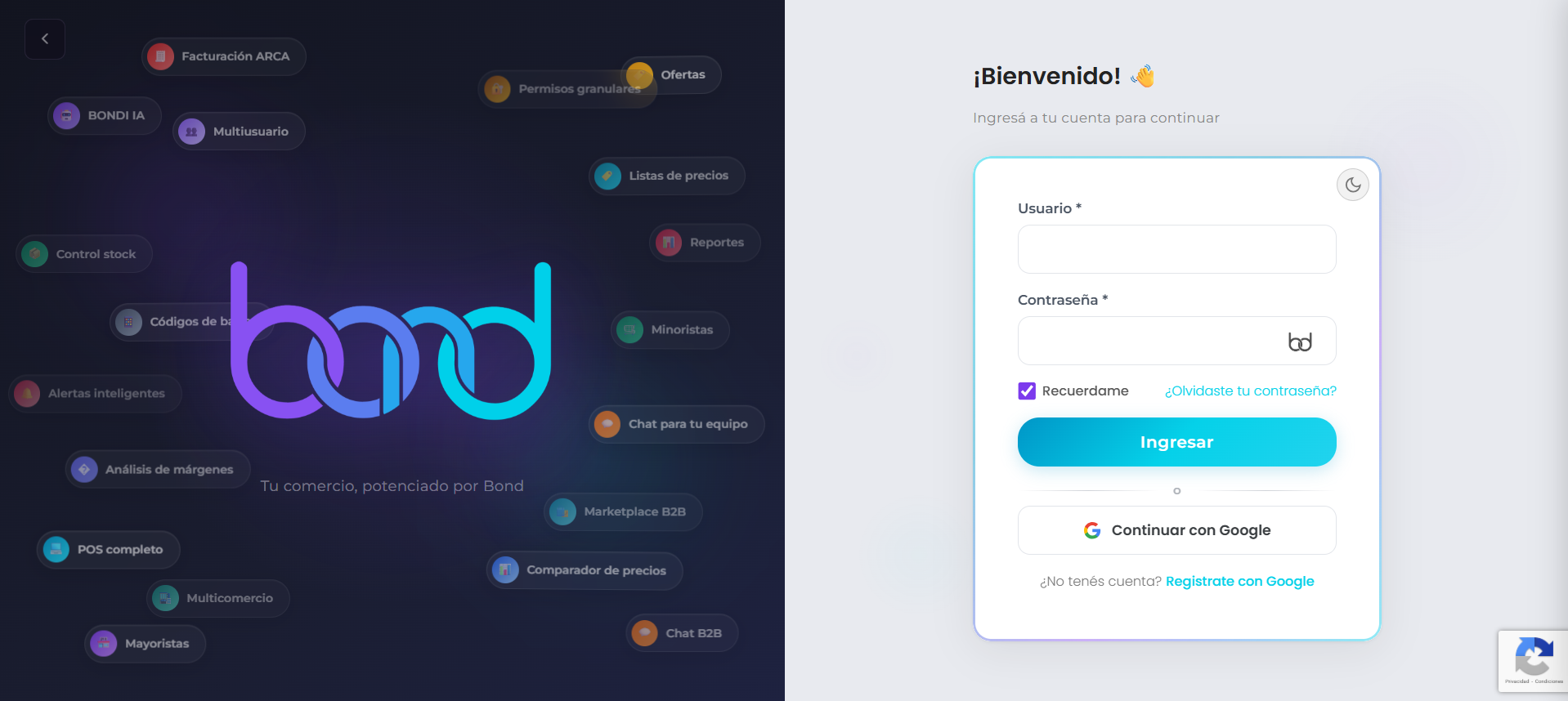 BONDCOMMERCE - Ingresar con Google - Modo oscuro